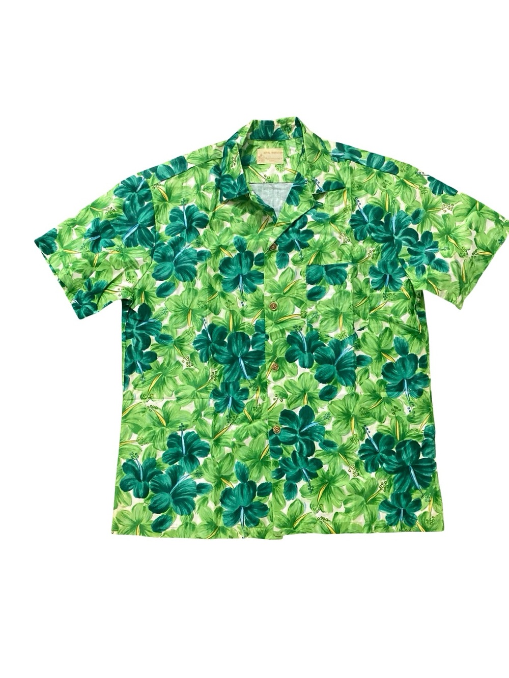 Vintage Royal Hawaiian Men’s Green Tropical Hibiscus Aloha Shirt Size 2XL